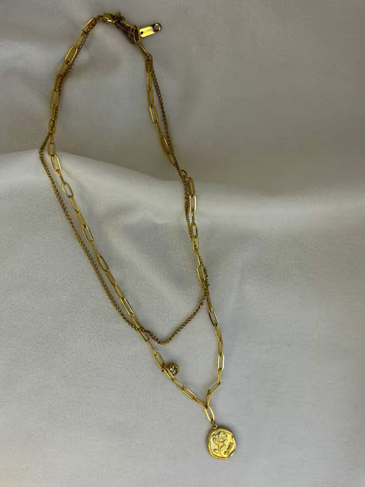 Rose Engraved Gold Plated Layered Necklace
