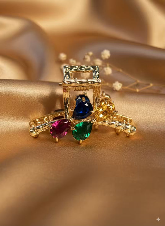 Multicoloured Gemstone Premium Claw Clip - Silver Plated