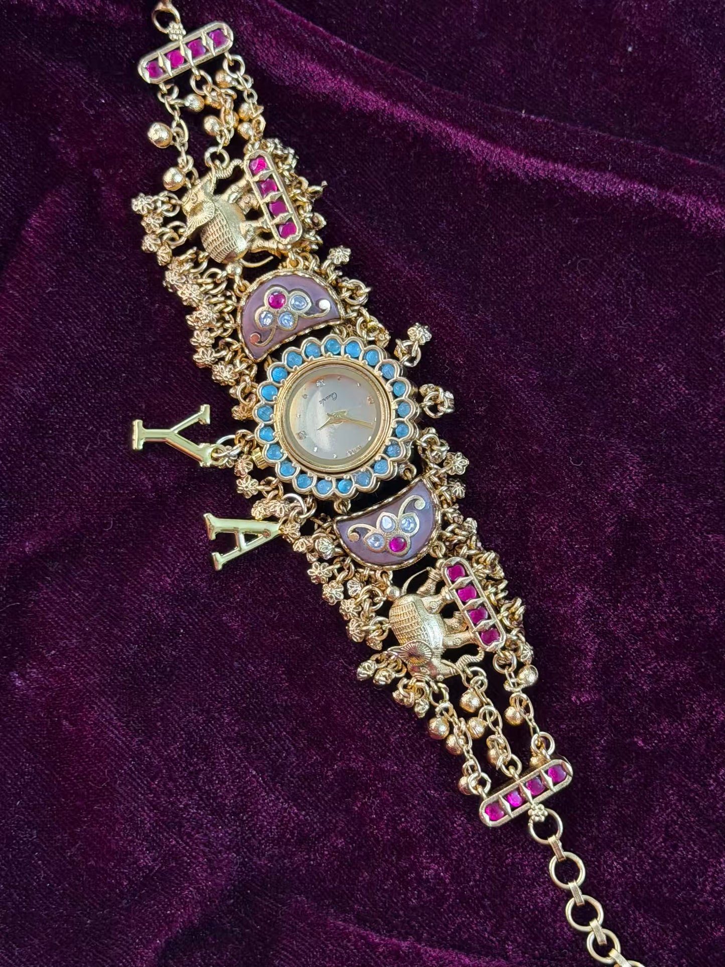 Green in Burgundy Dial Half Moon Maharani Watch Design Bracelet