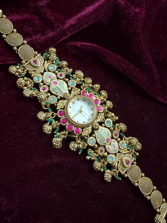 Pink Kundan Premium Gold Maharani Watch Design Heritage Bracelet