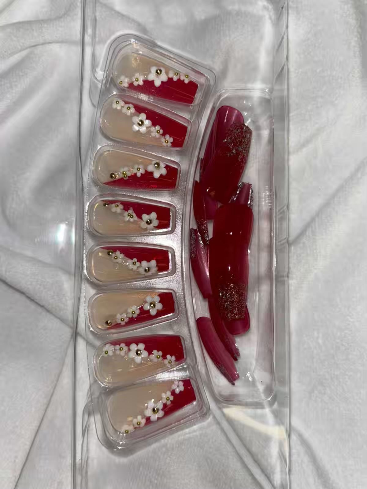 Nude Red Flowery Shimmery Fancy Party Bridal Press On Nails ( Set of 24 )