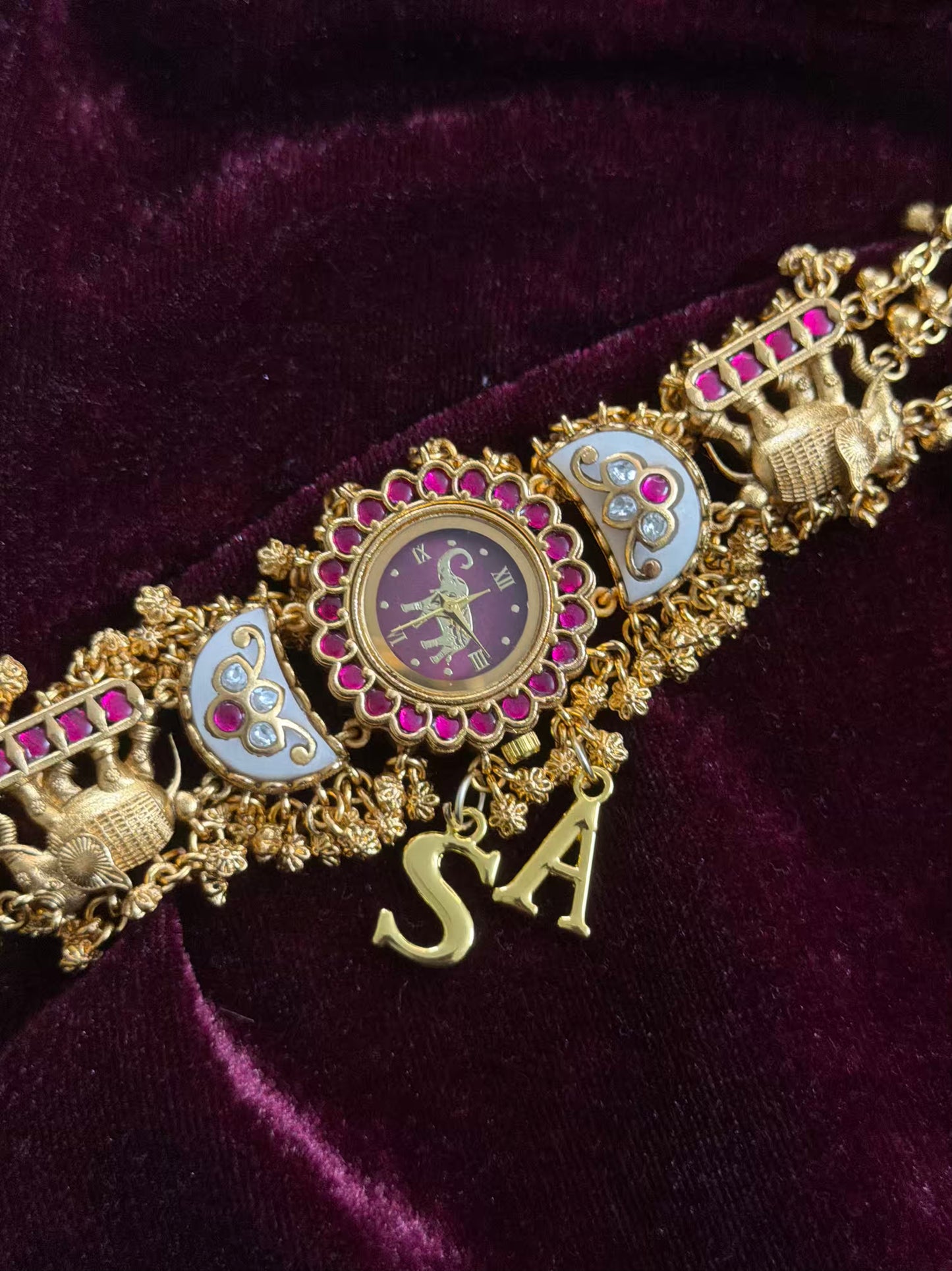 Green in Burgundy Dial Half Moon Maharani Watch Design Bracelet