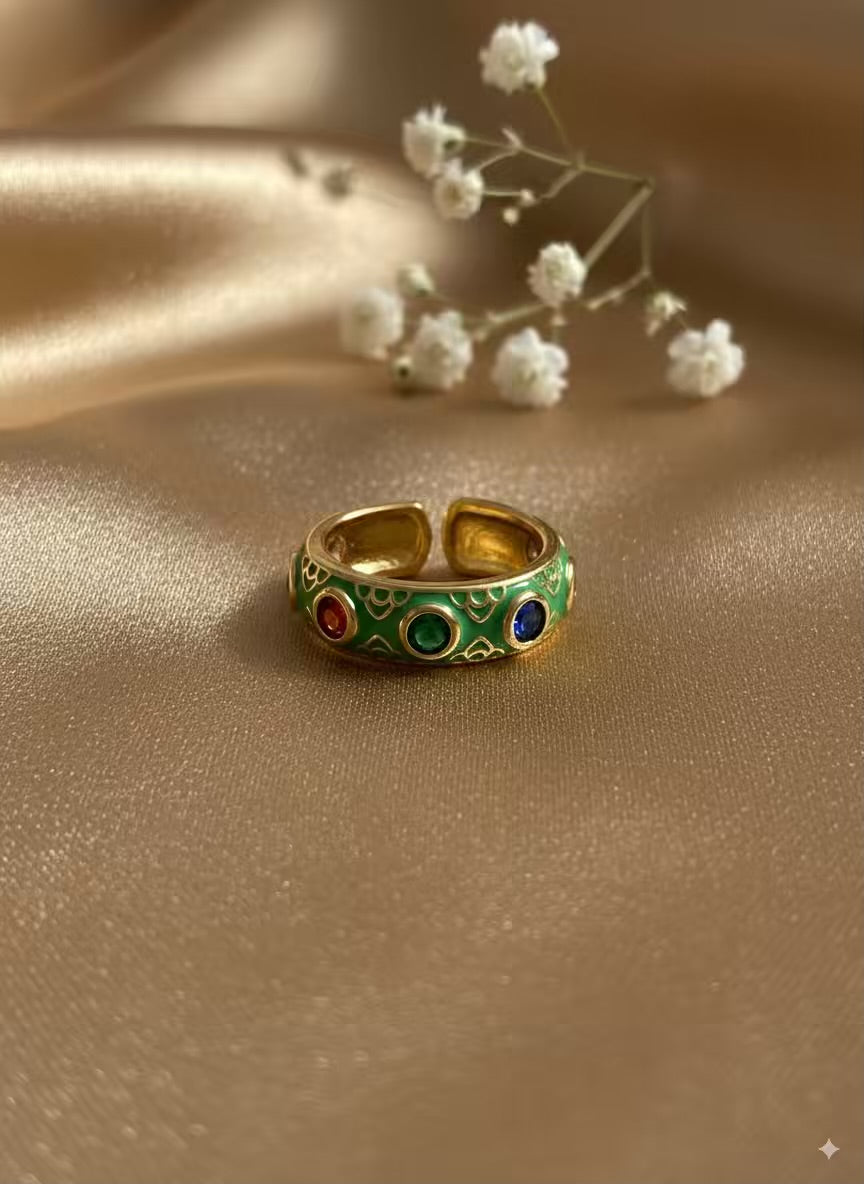 Green Colourful Gold Plated Premium Ring (Adjustable)