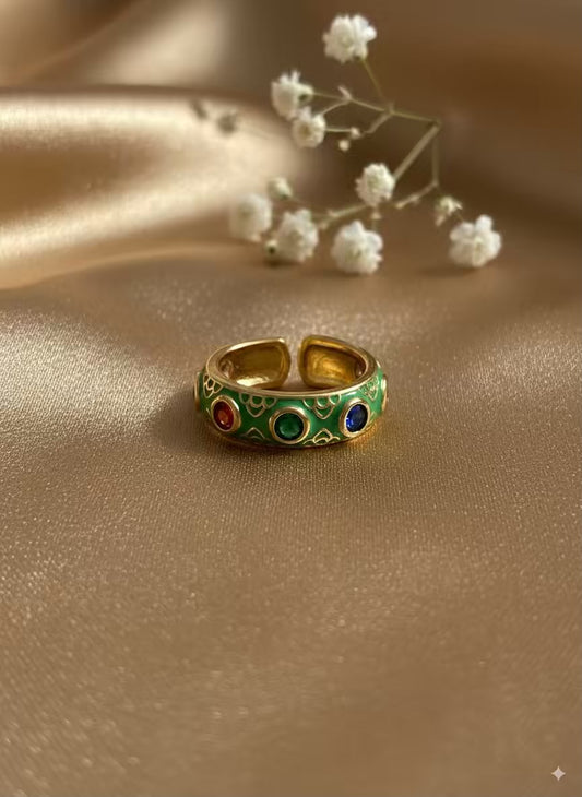 Green Colourful Gold Plated Premium Ring (Adjustable)