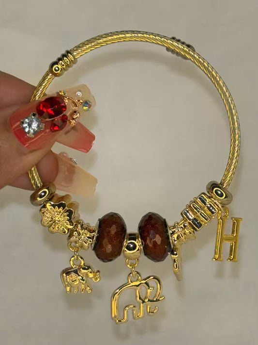 Pandora Charms Maroon Elephant Heart  Bracelet With Customised Initial  ( Gold )