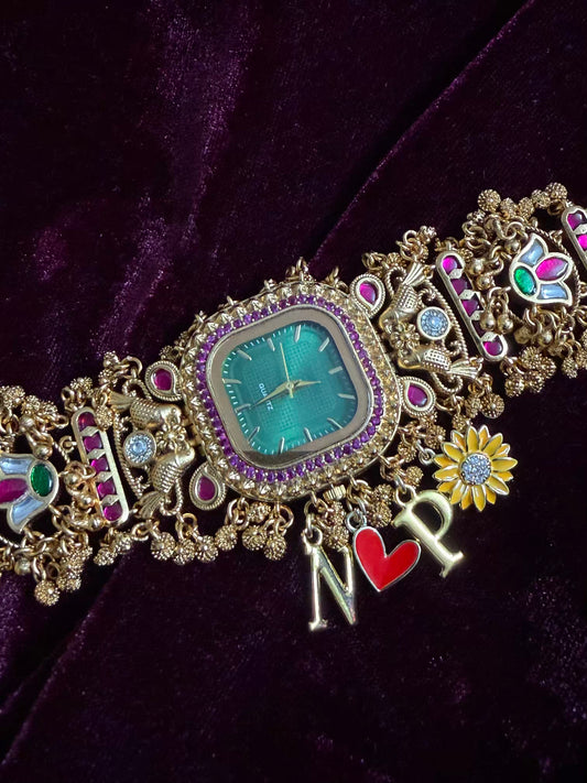 Square Dial Maharani Watch Heritage Bracelet with Charms( Delivery time 10days for Green Dial )