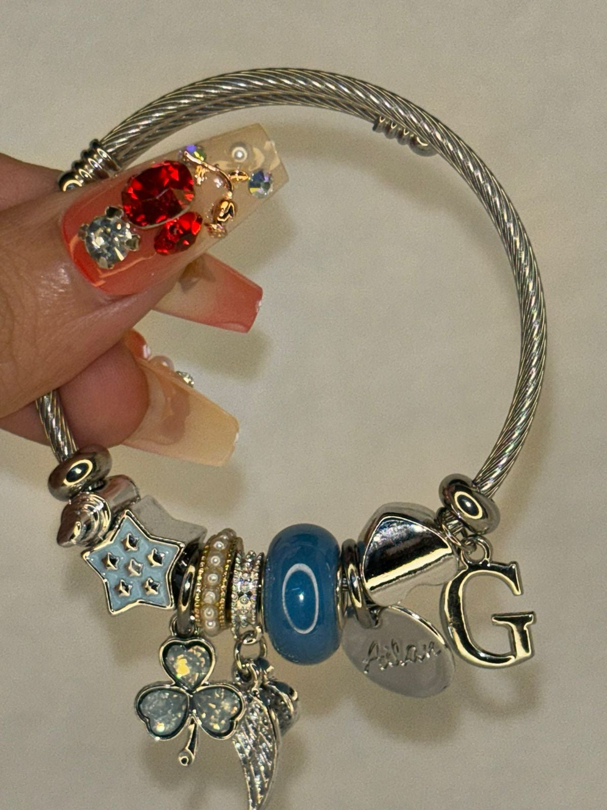 Pandora Charms Blue Flower Bracelet With Customised Initial  ( Silver )