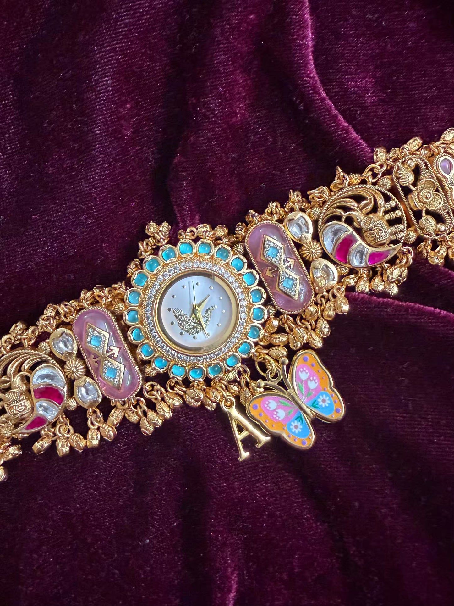 Pink Butterfly Peacock Dial Maharani Watch Heritage Bracelet ( Add your initial FREE )