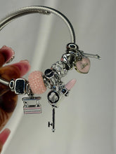 Load image into Gallery viewer, Pandora Style Black Pink Lipstick Purse Charms Bracelet With Customised Initial ( Silver)
