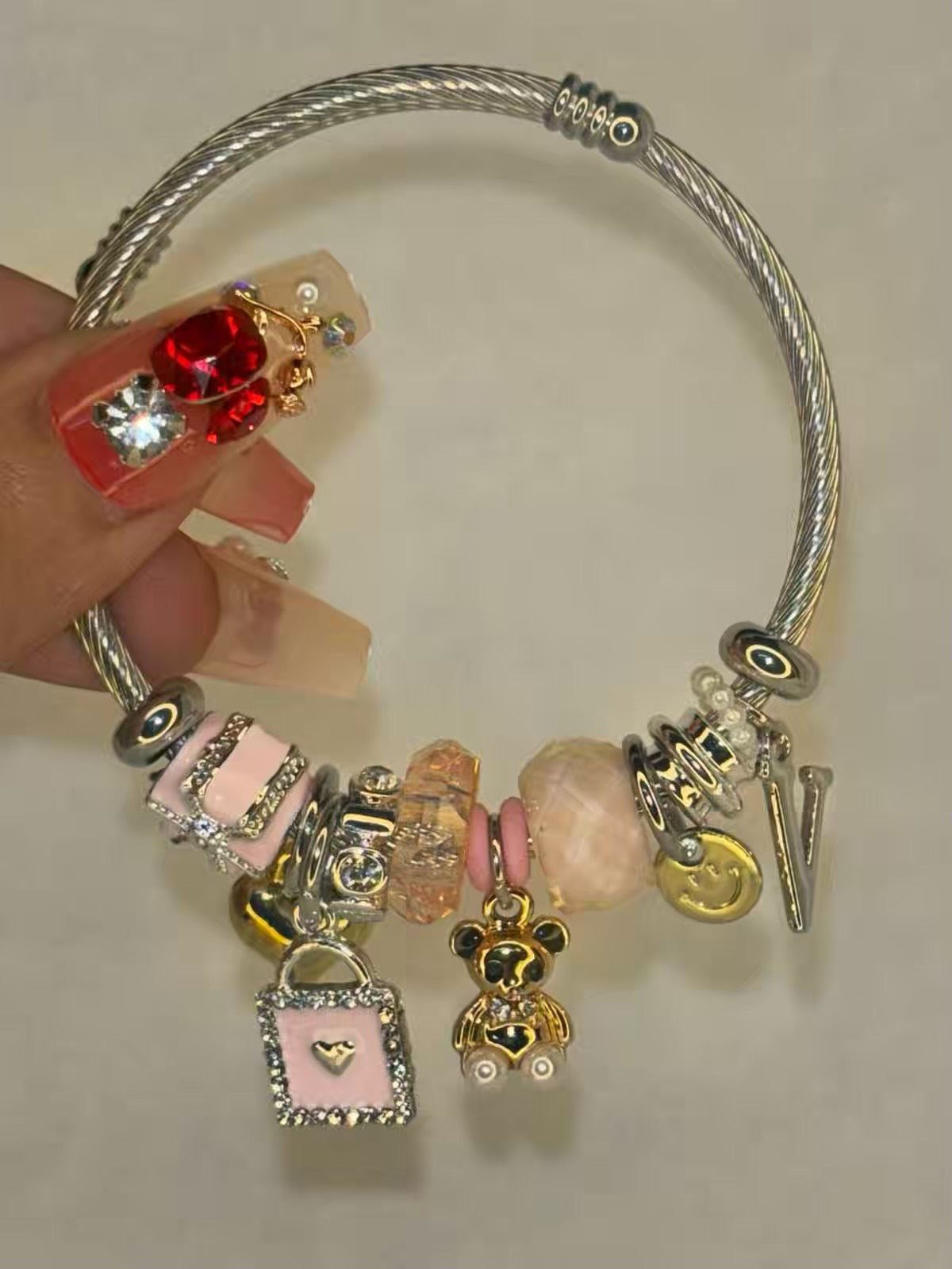 Pandora Charms Pink Gifts Birthday Bracelet With Customised Initial  ( Gold )