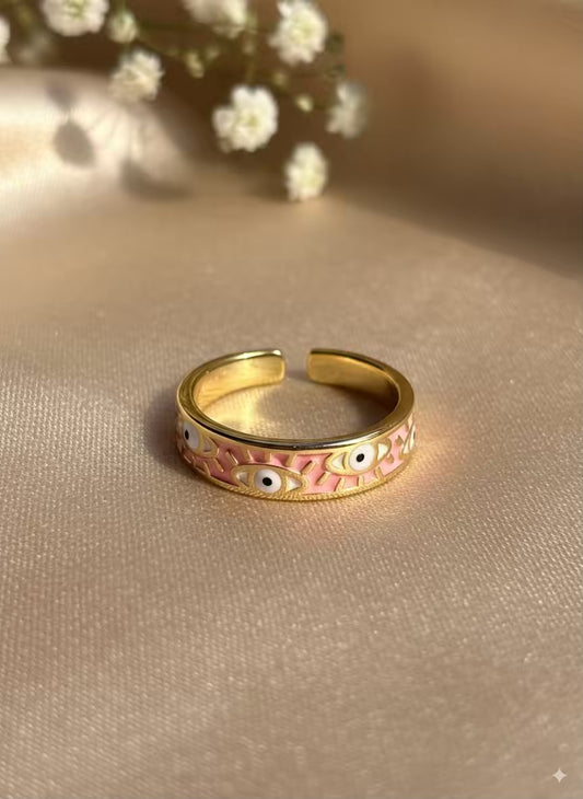 Baby Pink Evil Eye Gold Plated Premium Ring (Adjustable)