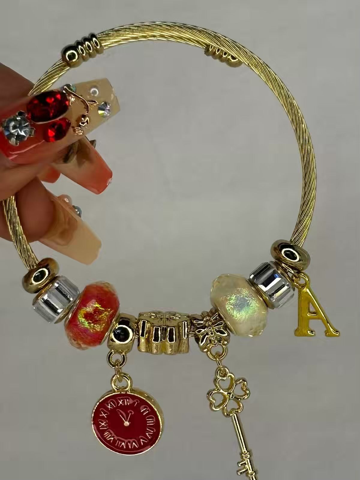 Pandora Charms Red Clock Bracelet With Customised Initial  ( Gold )