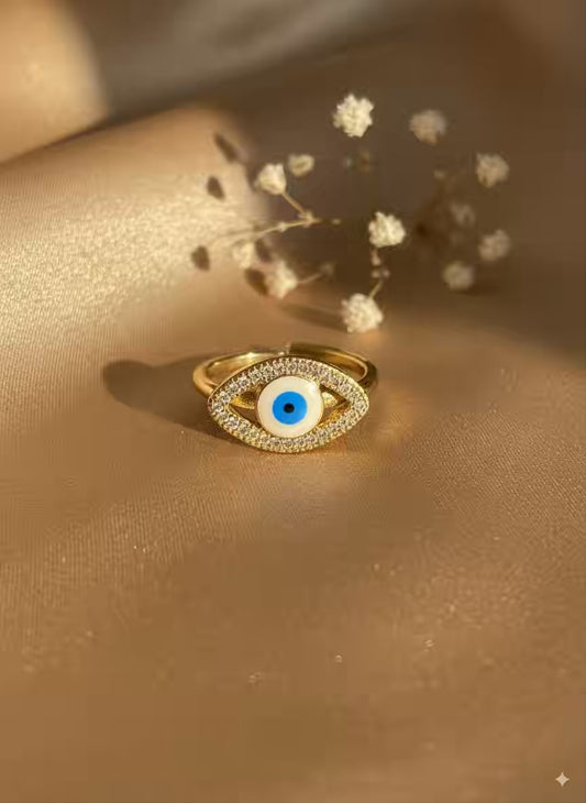 White Evil Eye  Gold Plated Premium Ring (Adjustable)