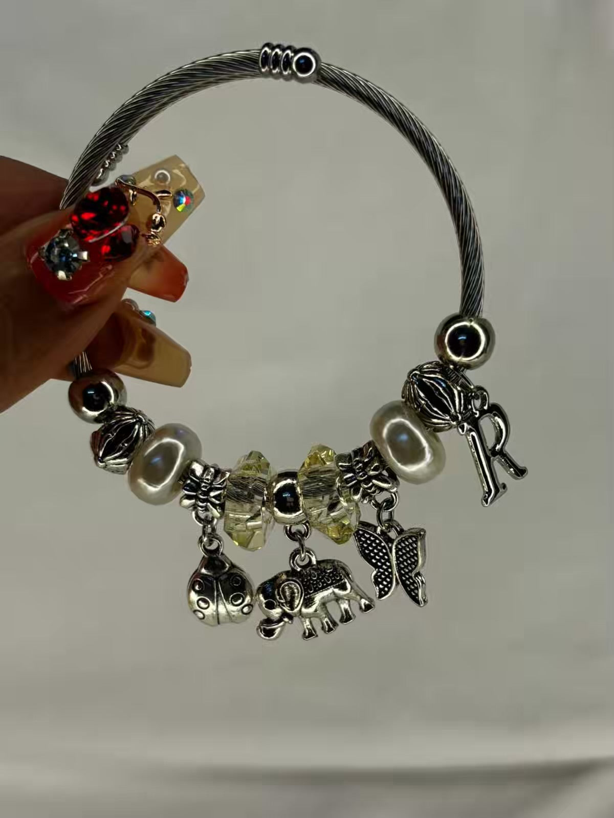 Pandora Charms Beetle Bug Elephant Bracelet With Customised Initial  ( Silver )