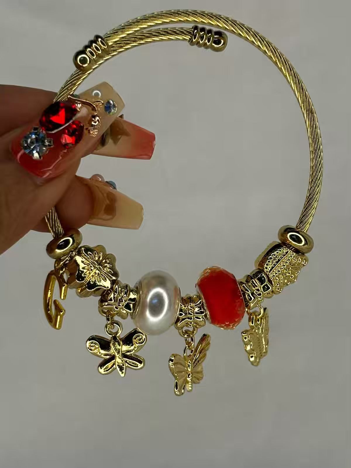 Pandora Charms Red Pearl Butterfly Bracelet With Customised Initial  ( Gold )