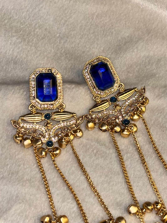 Blue Sapphire Kashmiri Brass Premium Plated Ghungroo Earrings