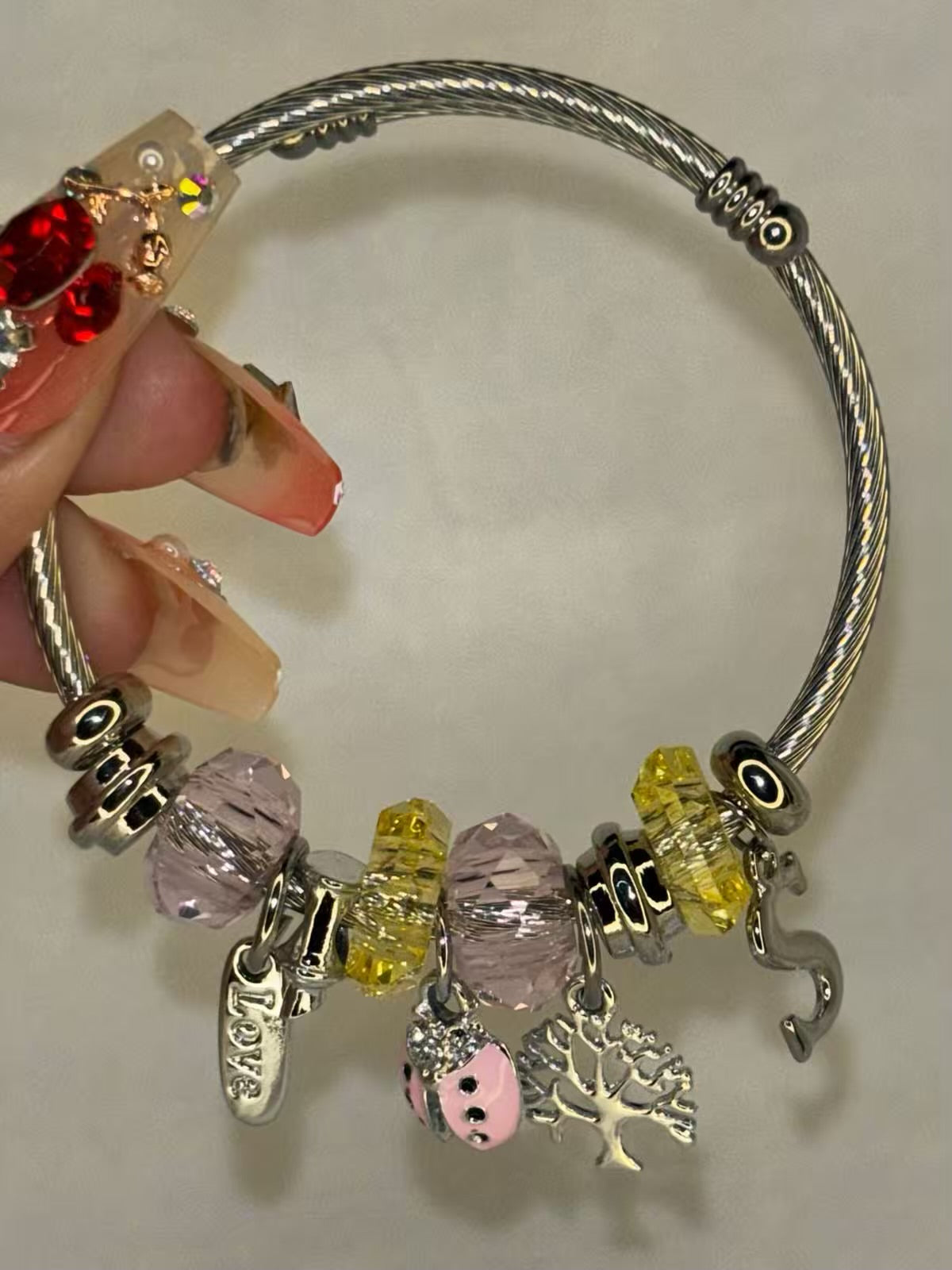 Pandora Charms Pink Beetle Bracelet With Customised Initial  ( Silver )