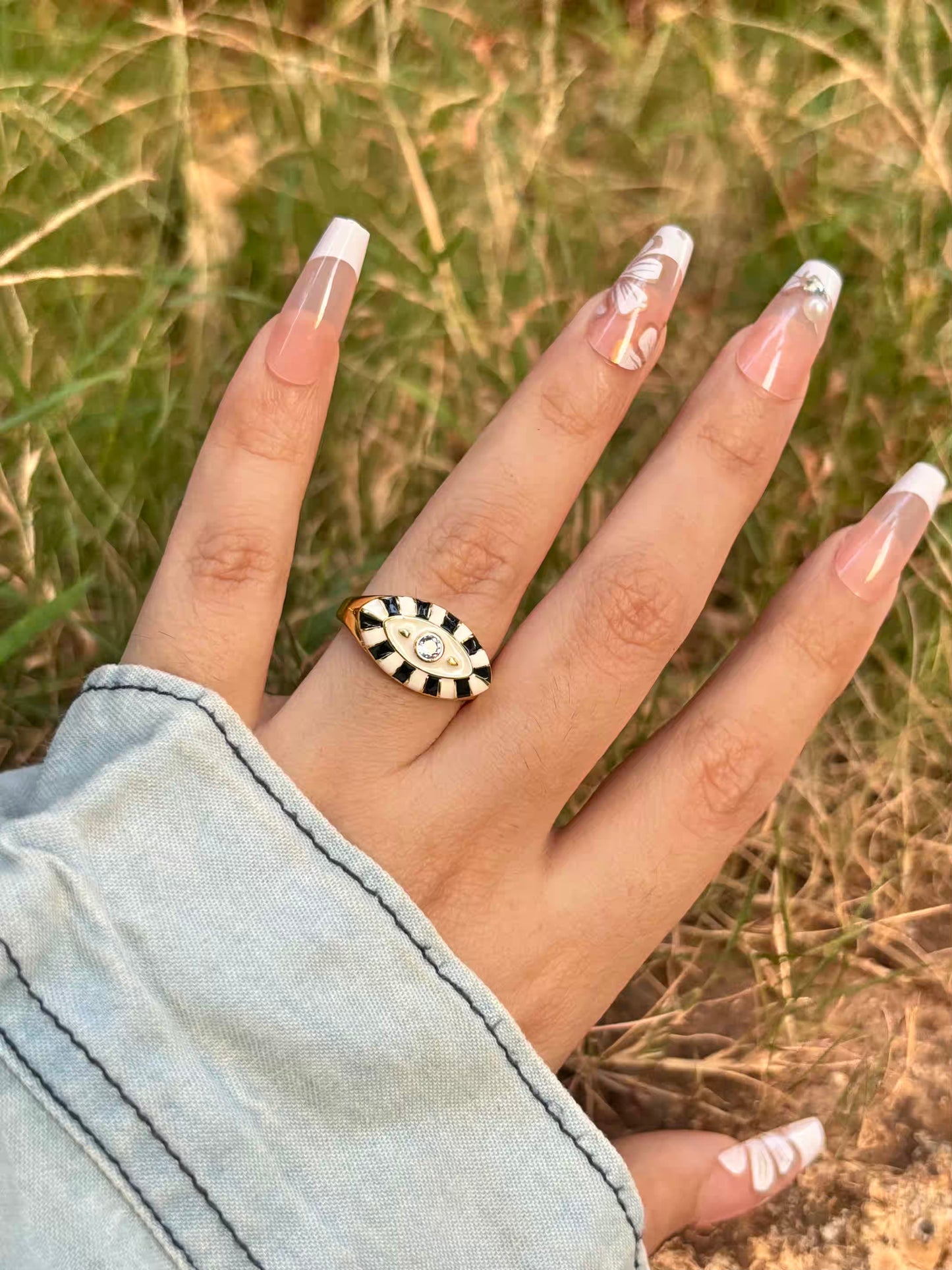 Zebra Evil Eye Nazar White Ring - Adjustable