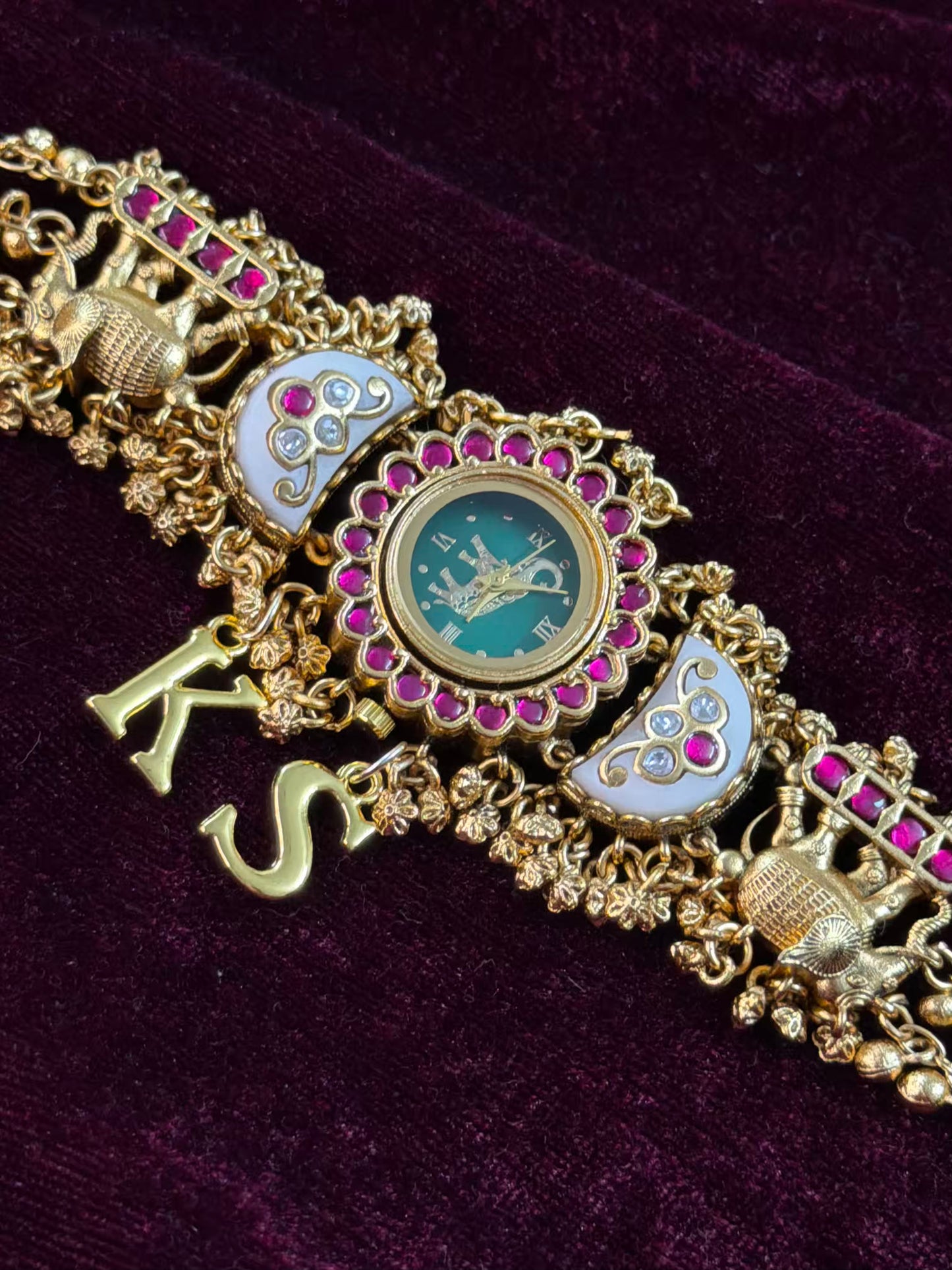 Green in Burgundy Dial Half Moon Maharani Watch Design Bracelet