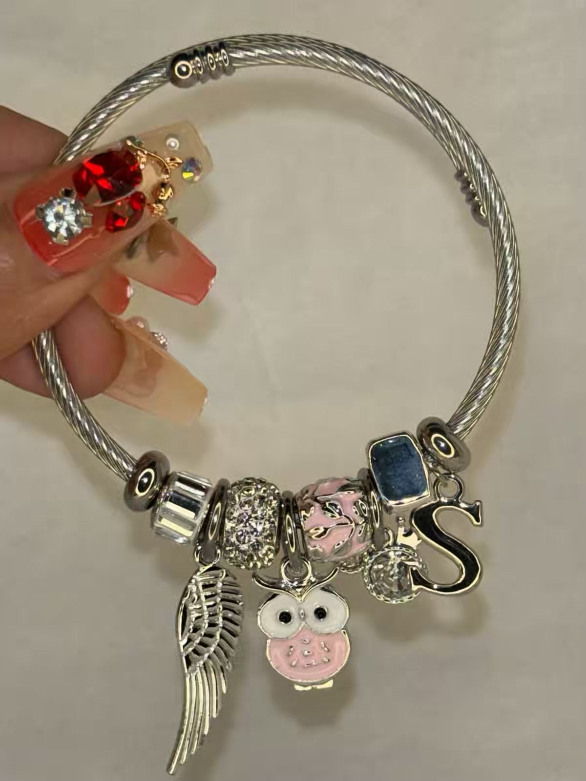 Pandora Charms Pink Owl Bracelet With Customised Initial  ( Silver )