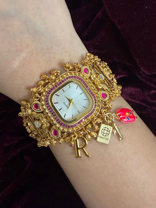 Square Dial Maharani Watch Heritage Bracelet with Puffy Trolley and Passport ( Add your initial FREE )