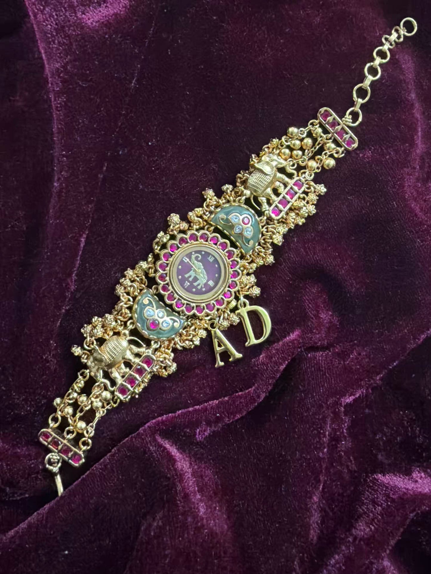 Green in Burgundy Dial Half Moon Maharani Watch Design Bracelet