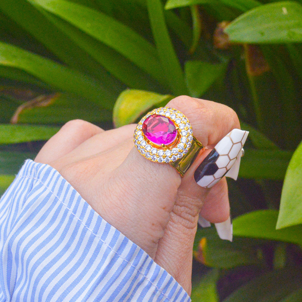 Pink Ruby Premium Stones Ring - Gold ( Adjustable )
