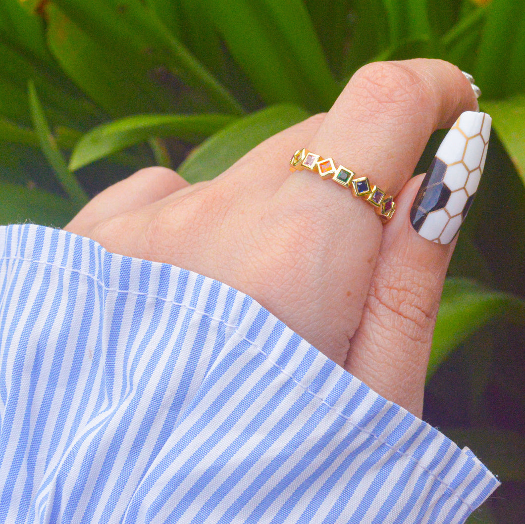Geometric Stones Colourful Studded Ring - Gold ( Adjustable )