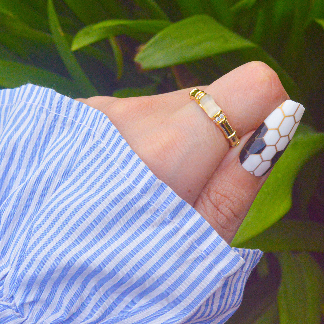 Gold Bamboo White Opal Ring - Gold ( Adjustable )