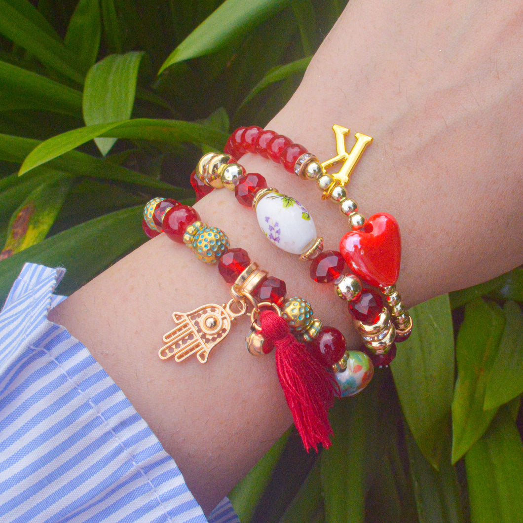 Red Beaded Heart Hamsa Hand Evil Eye Elastic Stretchable Bracelet With Customised Initial