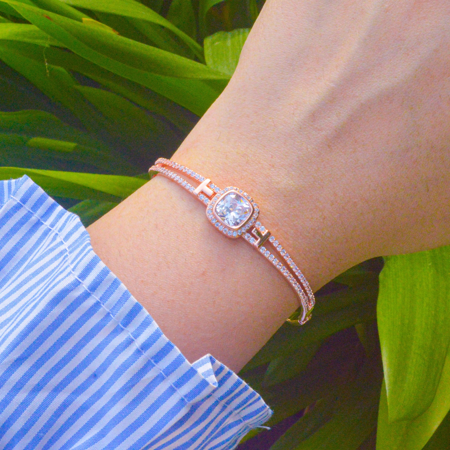 Cushion Solitaire Diamonds Kada Bracelet Bangle - Rose Gold Plated