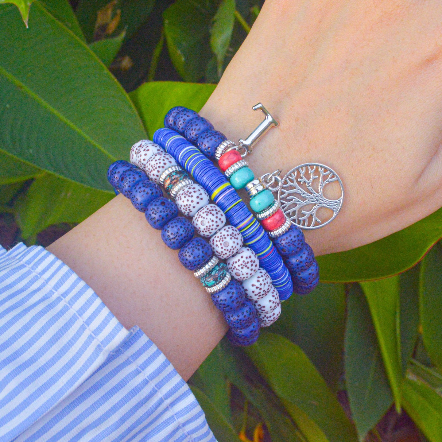 Navy Blue Sacred Tree Beaded Elastic Bracelet With Customised Initial (Silver)