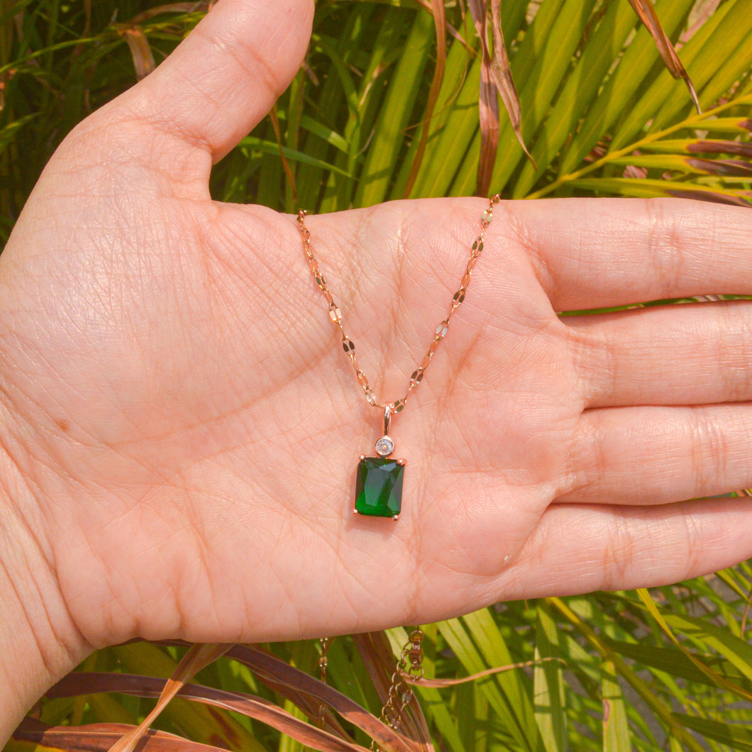 Green Emerald Minimal Necklace - Rose Gold