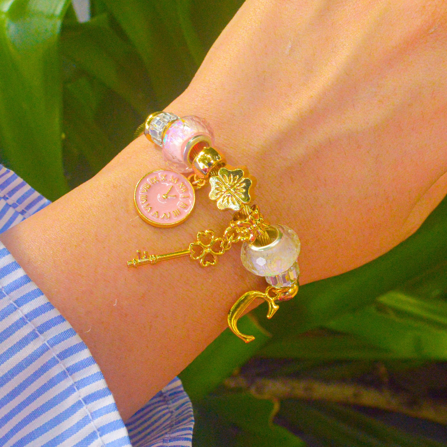 Pandora Style Baby Pink Clock Charms Bracelet With Customised Initial (Gold)
