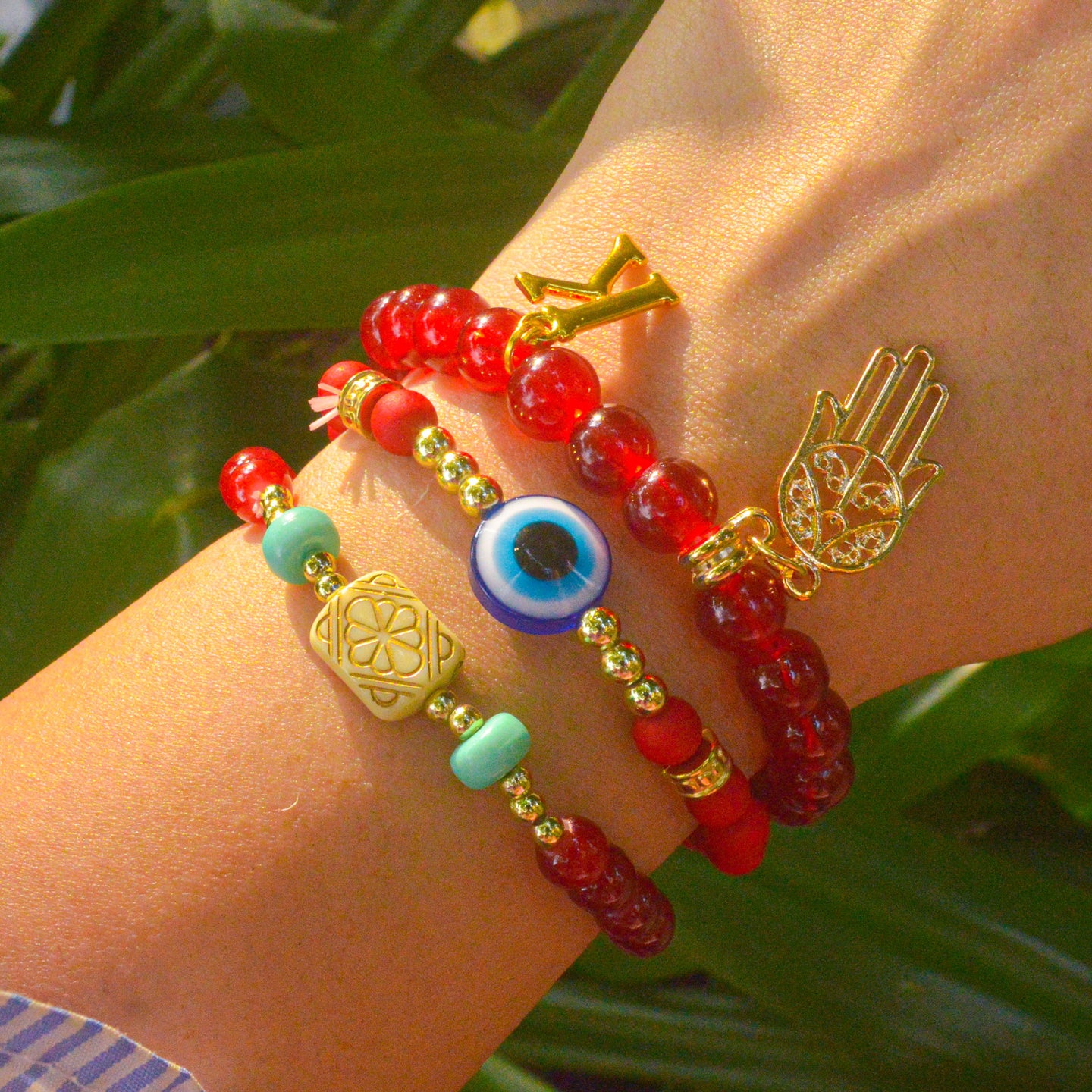 Crimson Red Evil Eye Hamsa Beaded Crystals Elastic Bracelet With Customised Initial (Gold)