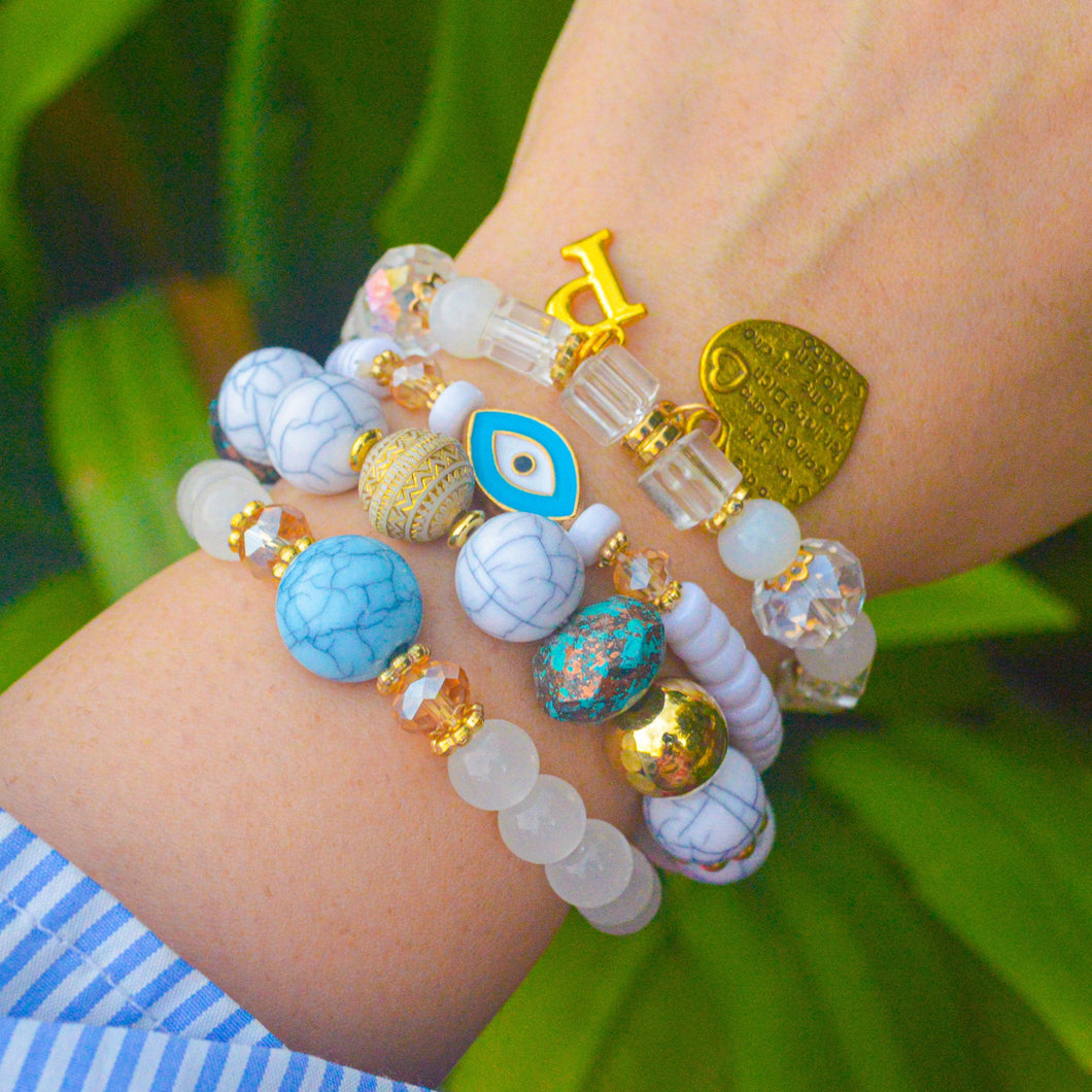 Marble Light White  Evil Eye Beaded Crystals Stack Elastic Bracelet With Customised Initial (Gold)
