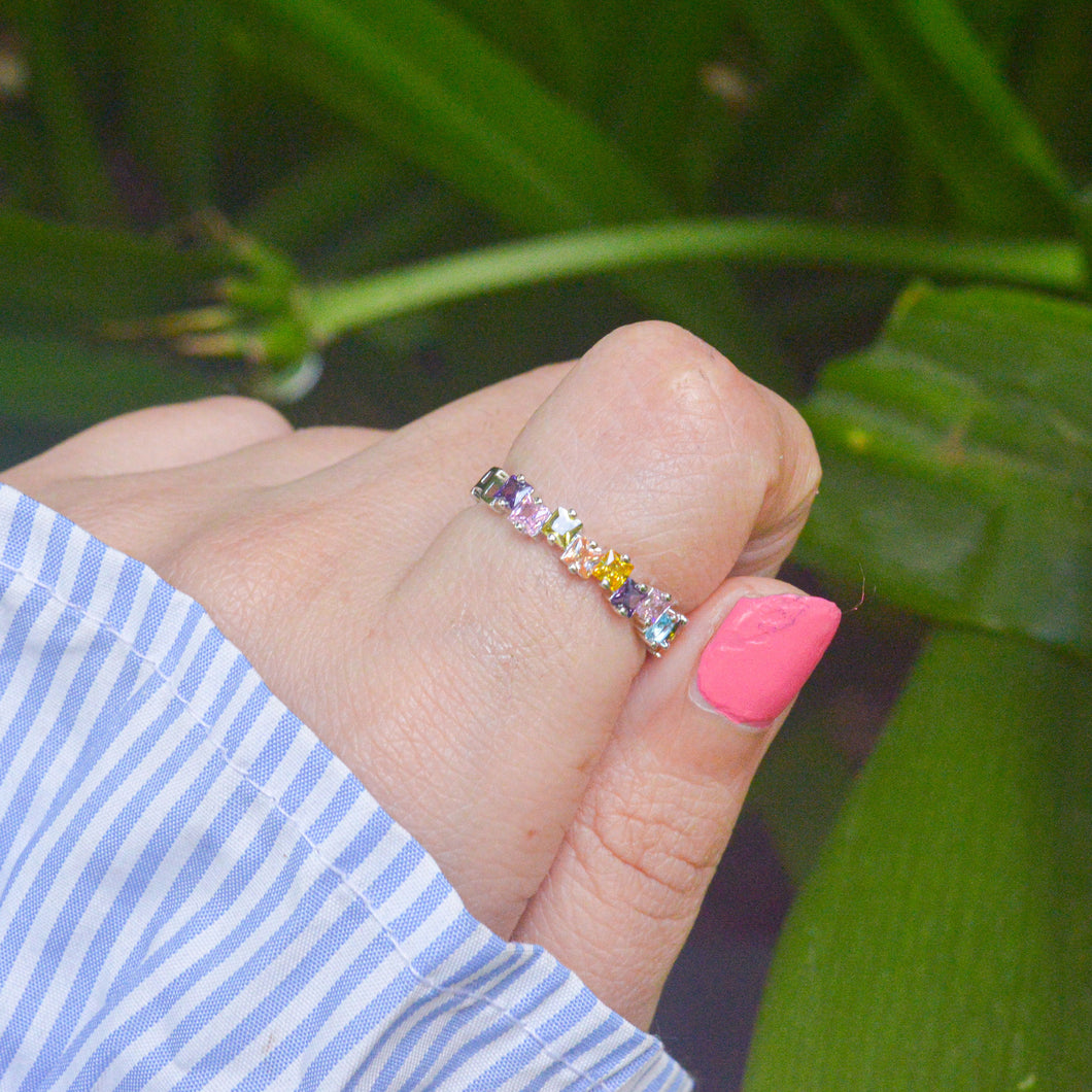 Colourful Edgy Stones Ring - Silver