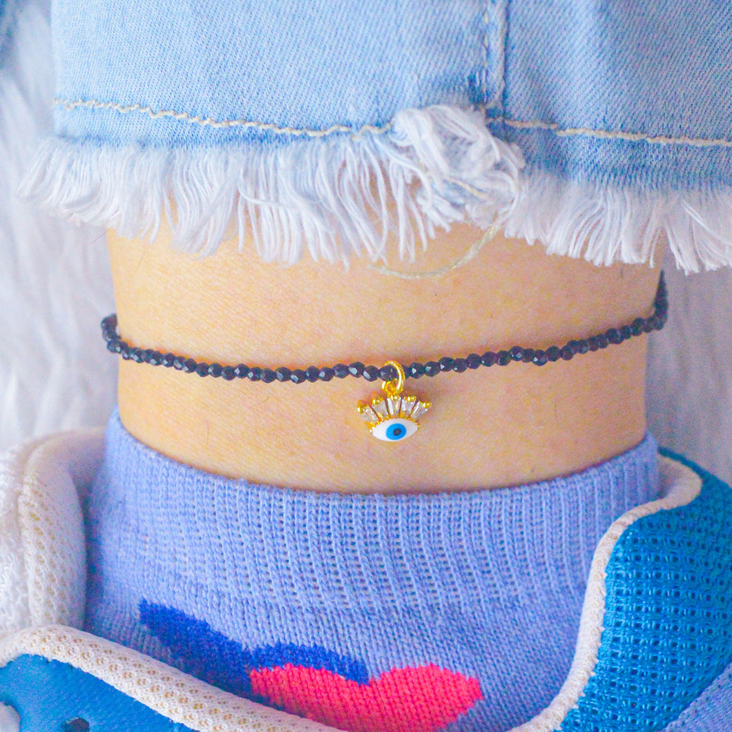 Gold Evil Eye Nazariya Beaded Crystals Anklet Payal with Silver hooks