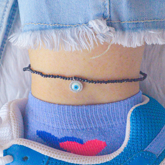 Silver Round Studded Evil Eye Nazariya Beaded Crystals Anklet Payal with Silver hooks