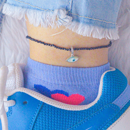 Silver Evil Eye Nazariya Beaded Crystals Anklet Payal with Silver hooks