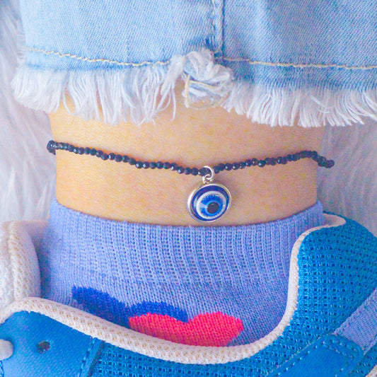 Silver Nazar Battu Blue Evil Eye Nazariya Beaded Crystals Anklet Payal with Silver hooks
