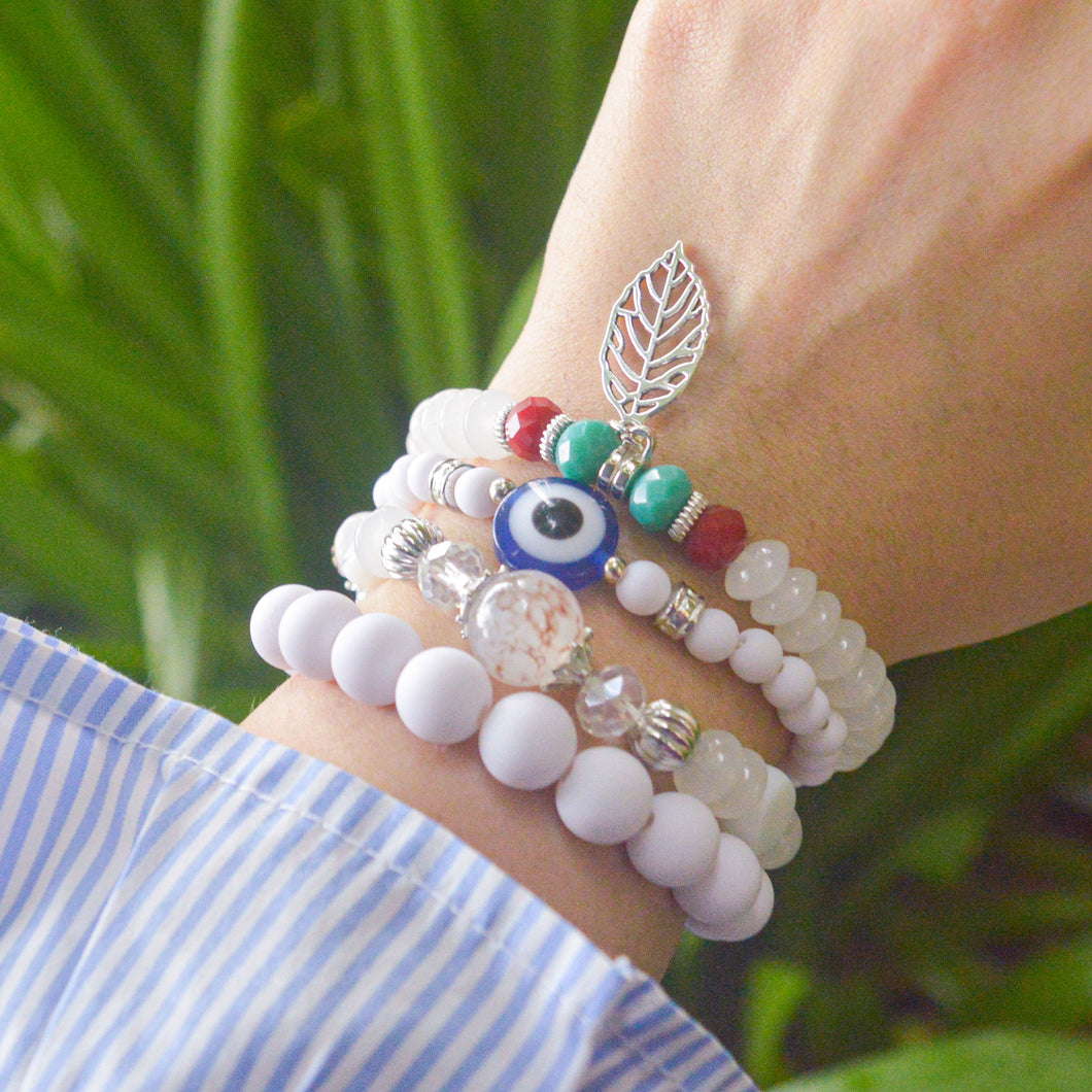 Initial Pure White Blue Evil Eye Elastic Stretchable Bracelet With Customised Initial Unisex for  Men / Women