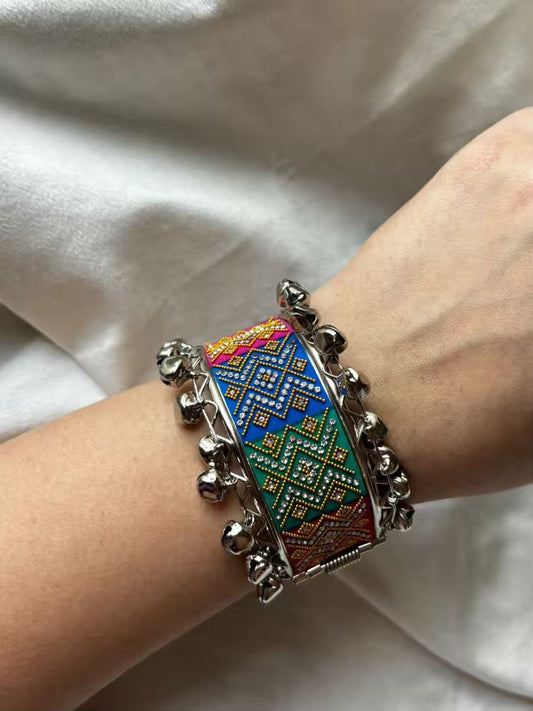 Nav Rang Designer Multicoloured Cloth Zari Bracelet - Silver