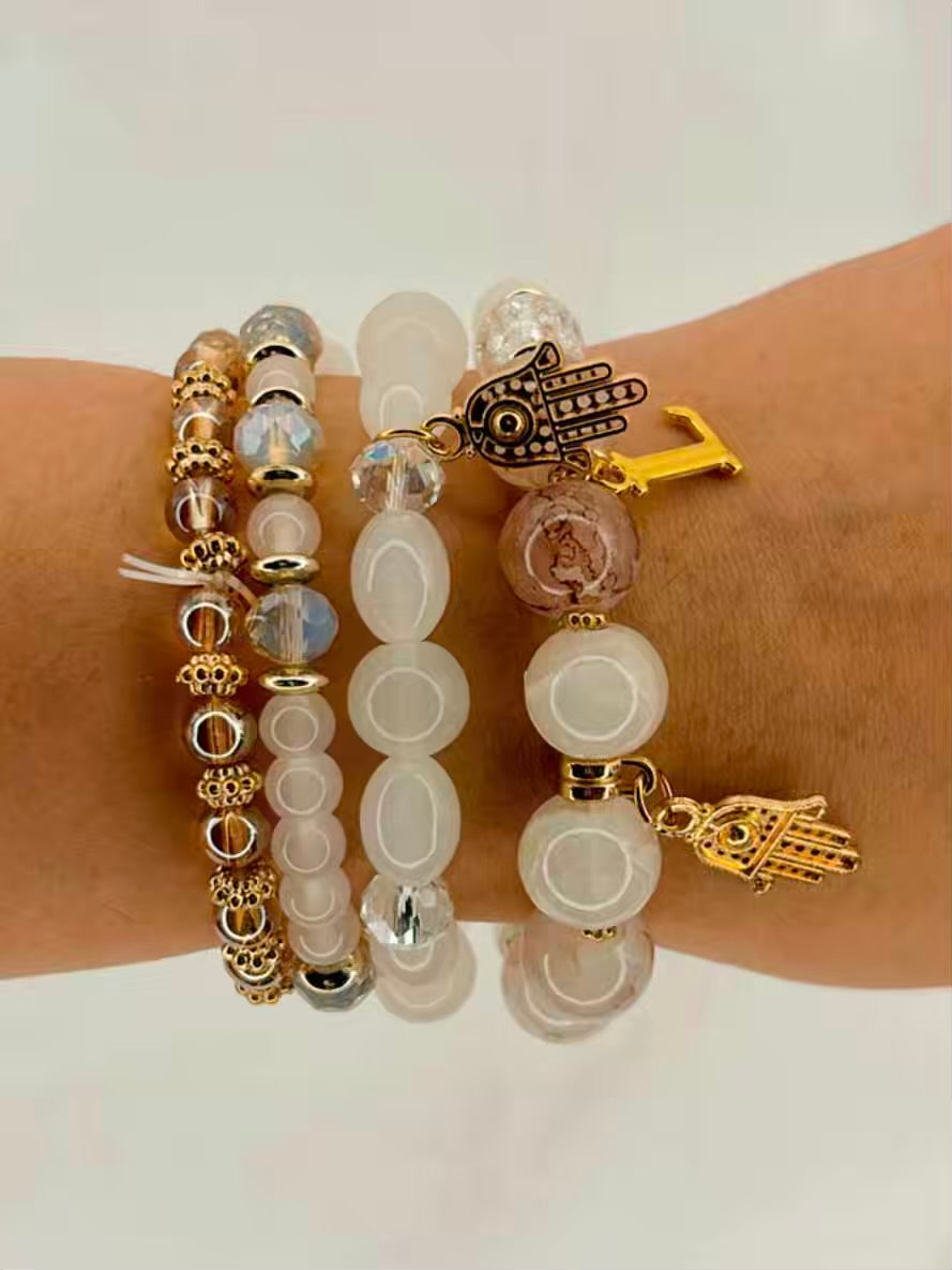 White Hamsa Beaded Crystals Hamsa Elastic Stretchable Bracelet With Customised Initial Alphabet Unisex for  Men / Women