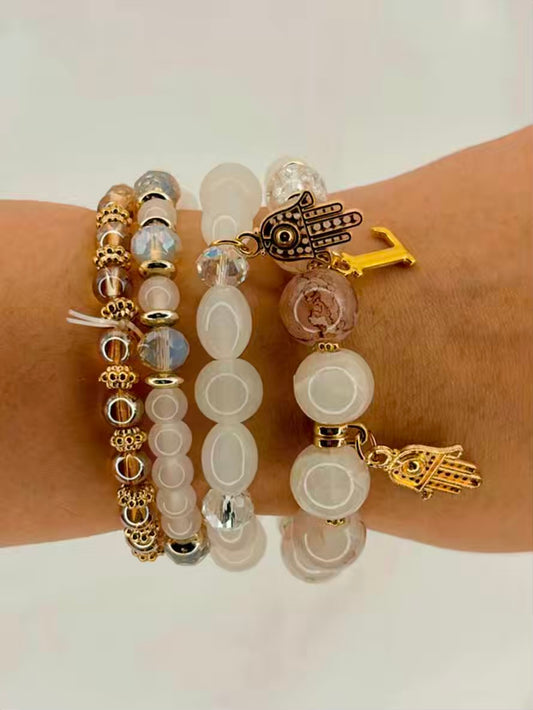 White Hamsa Beaded Crystals Hamsa Elastic Stretchable Bracelet With Customised Initial Alphabet Unisex for  Men / Women