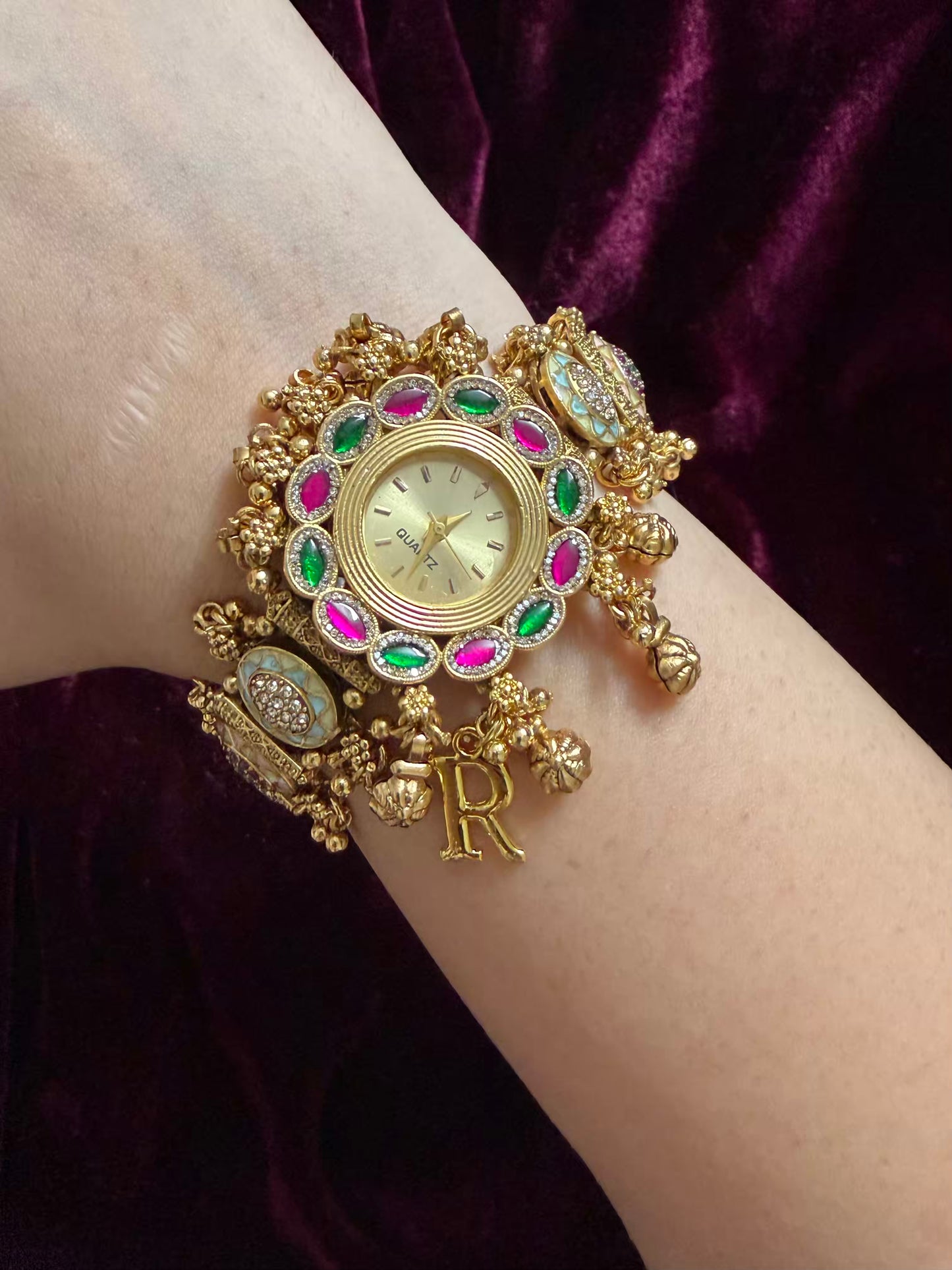 Ghungroo Pink Green Maharani Watch ( Customise Free Initial )( Random side strap colour)