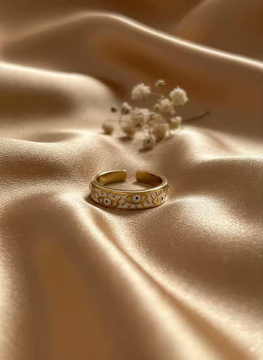 White Evil Eye Gold Plated Premium Ring (Adjustable)