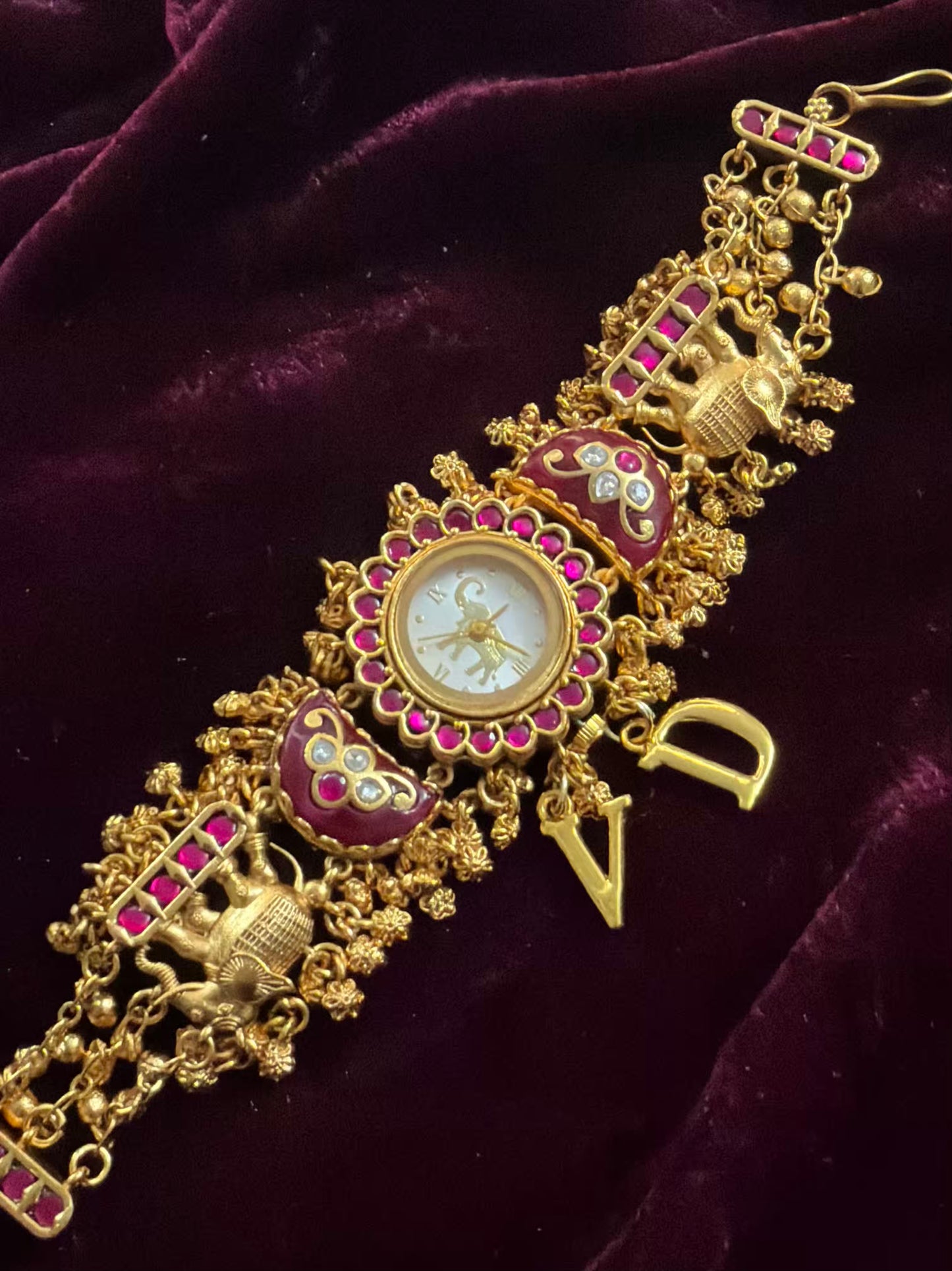 Green in Burgundy Dial Half Moon Maharani Watch Design Bracelet