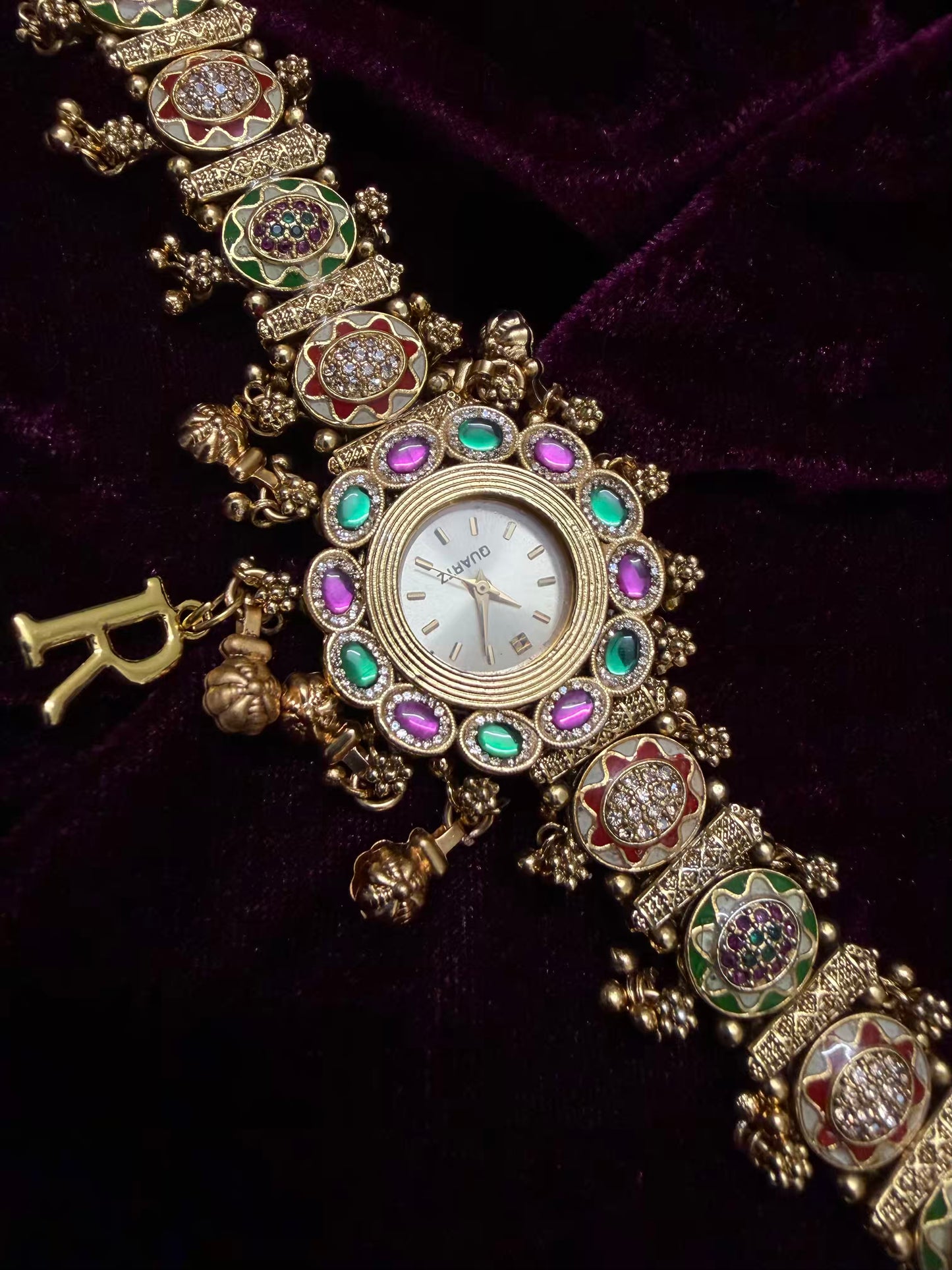 Premium Meenakari Lavender Emerald Heritage Watch Rakhi with Pastel Enamel (Free Initial)