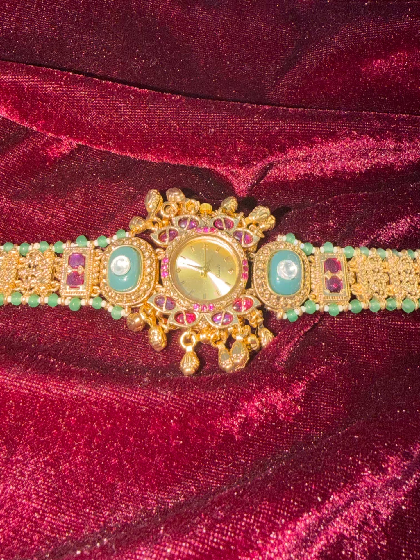 Queen Temple Motif Ruby Kundan Gold Plated Heritage Maharani Watch